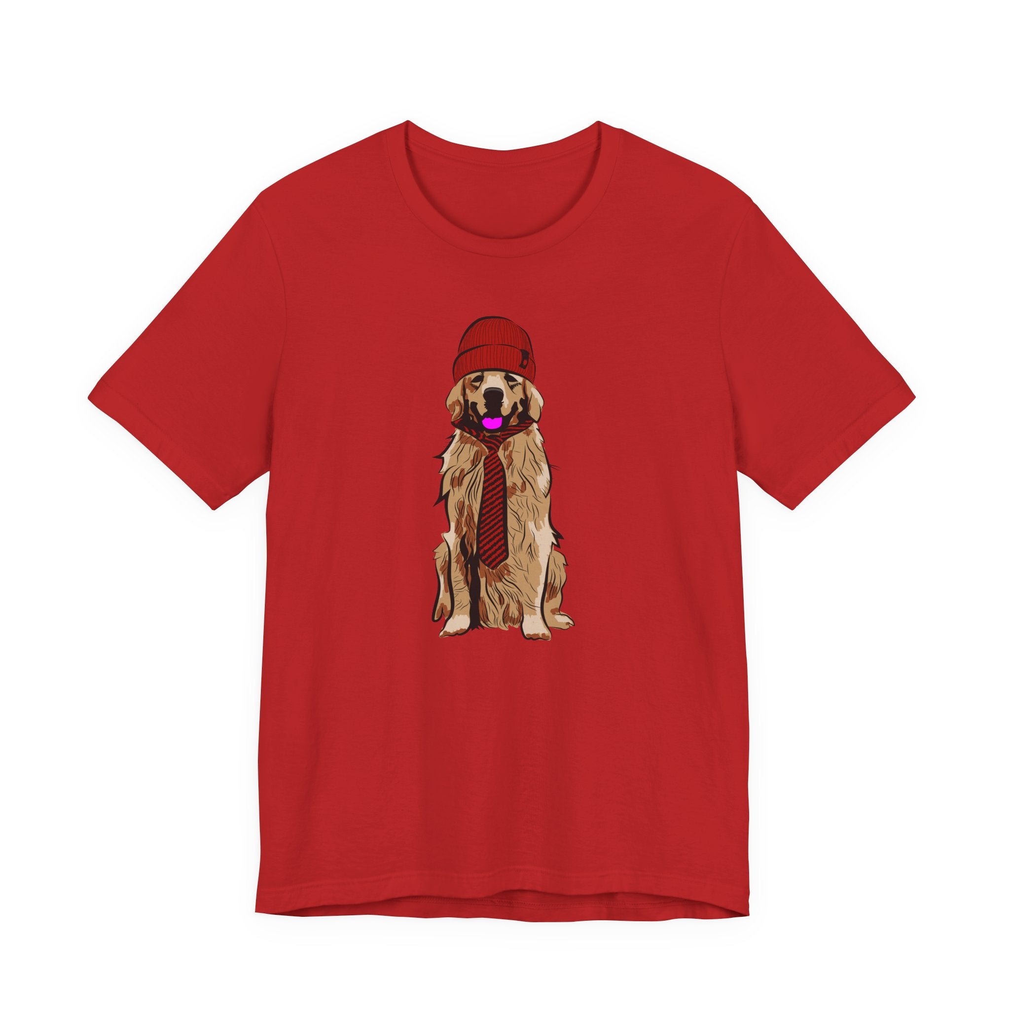 Golden Retriever Graphic Tee — Dog Wearing Beanie & Tie