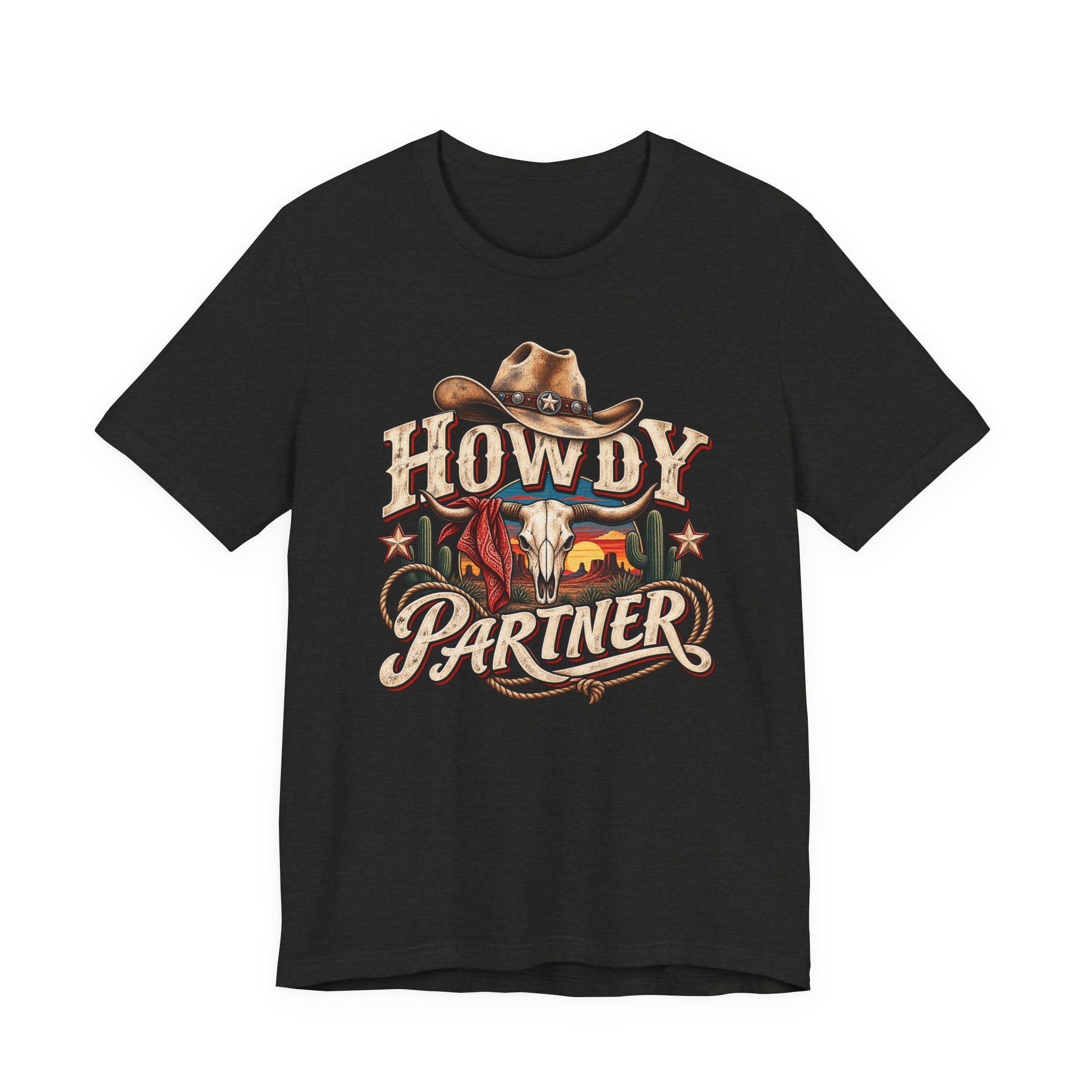 Howdy Partner Cowboy T‑Shirt - Western Skull & Sunset Graphic Tee