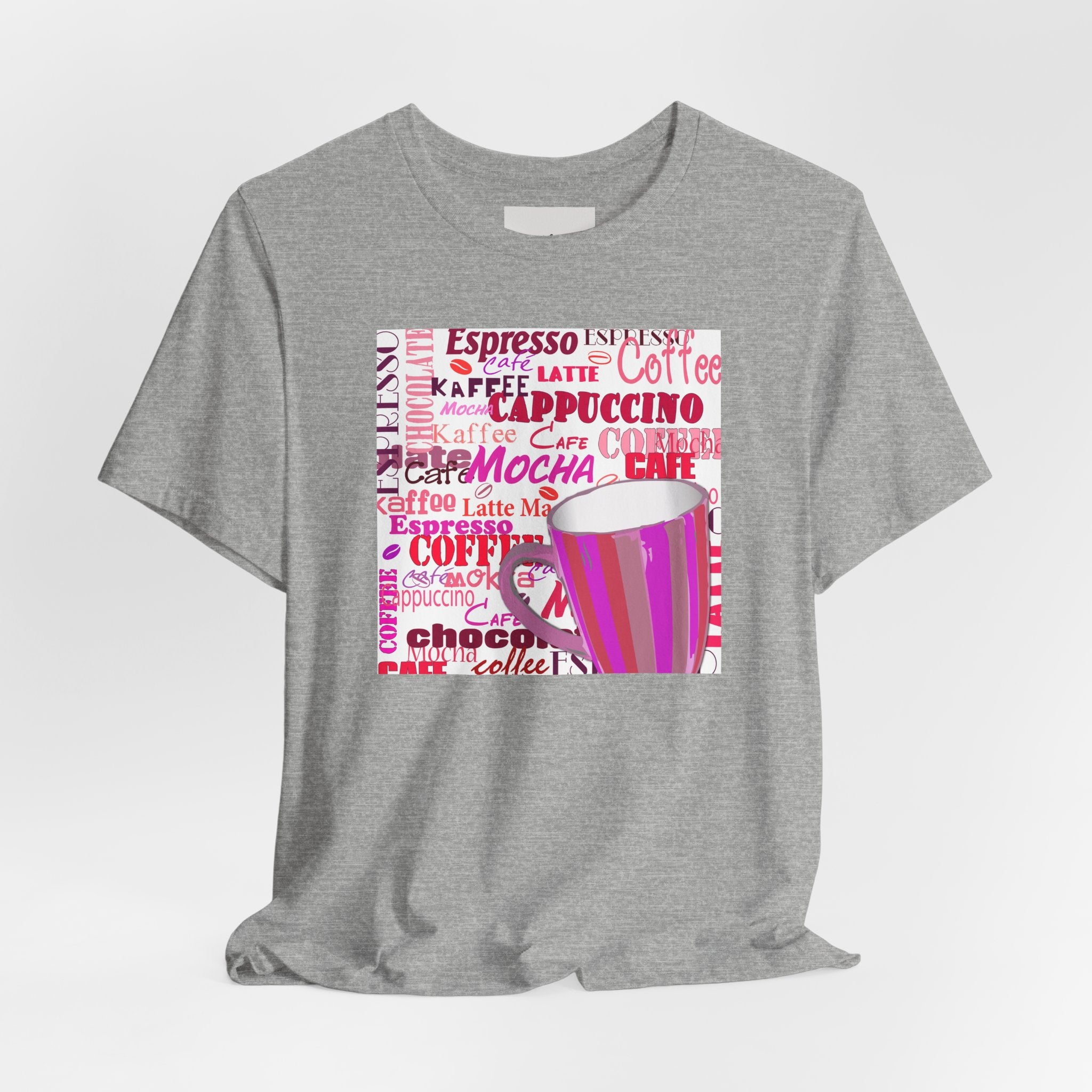 Coffee Words Graphic Tee — Pink Latte Mocha Cup Shirt