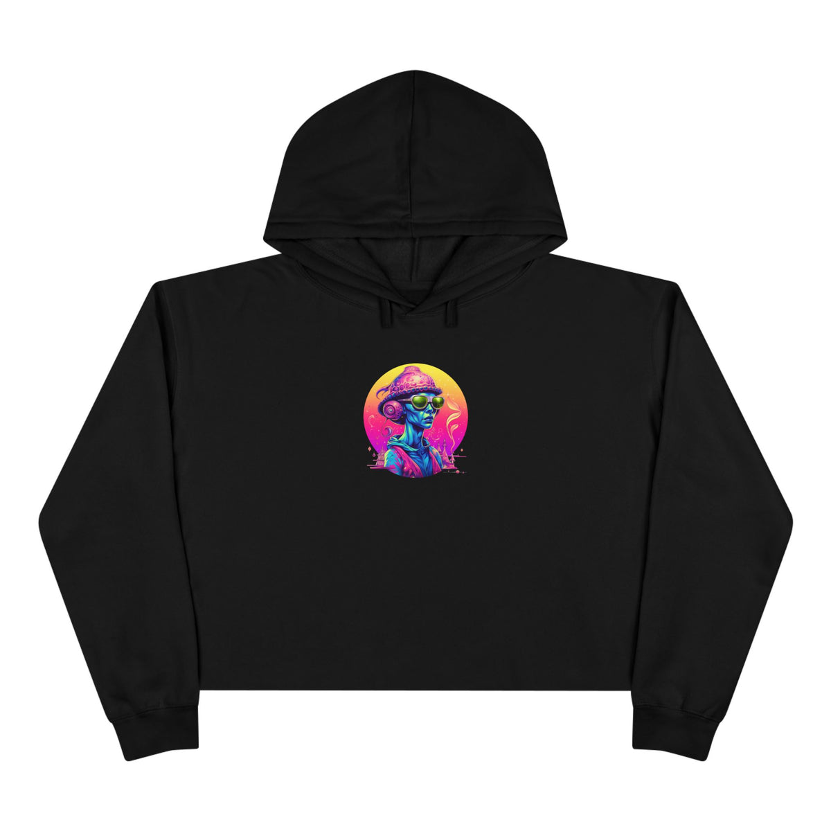 Alien DJ Crop Hoodie — Neon Retro Space Graphic