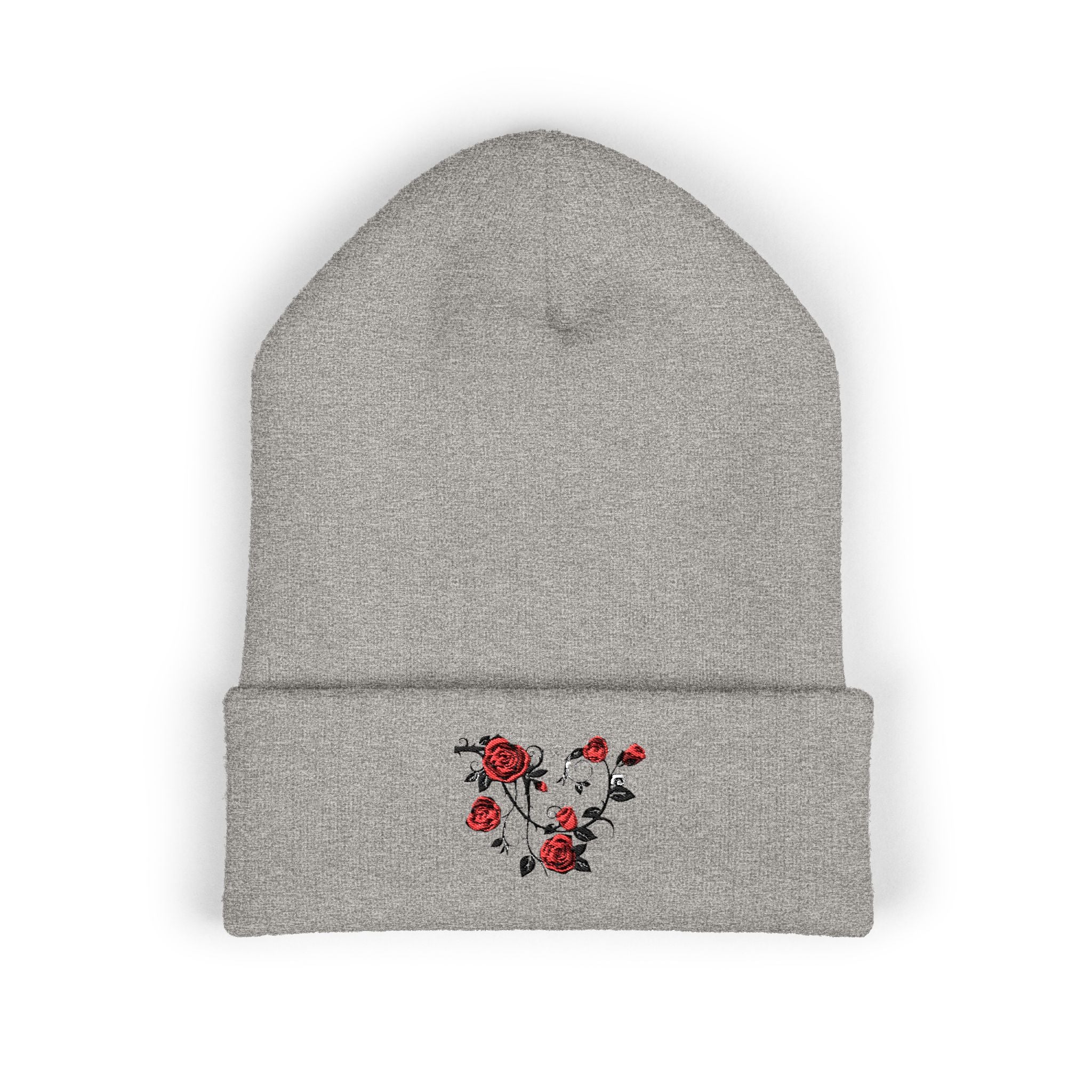 Embroidered Red Rose Heart Cuffed Beanie