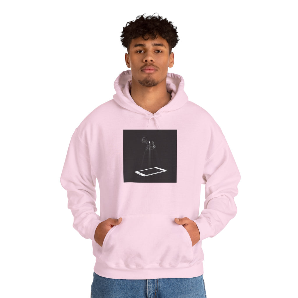 Minimalist Floating Phone Hoodie — Moody Black & White Tech Art Sweatshirt