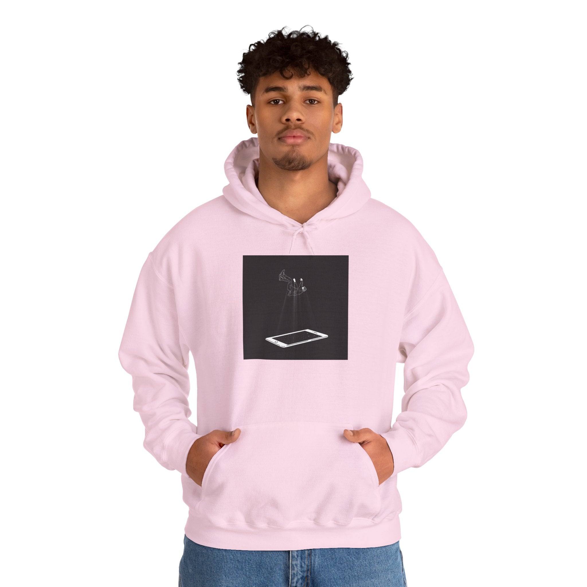 Minimalist Floating Phone Hoodie — Moody Black & White Tech Art Sweatshirt