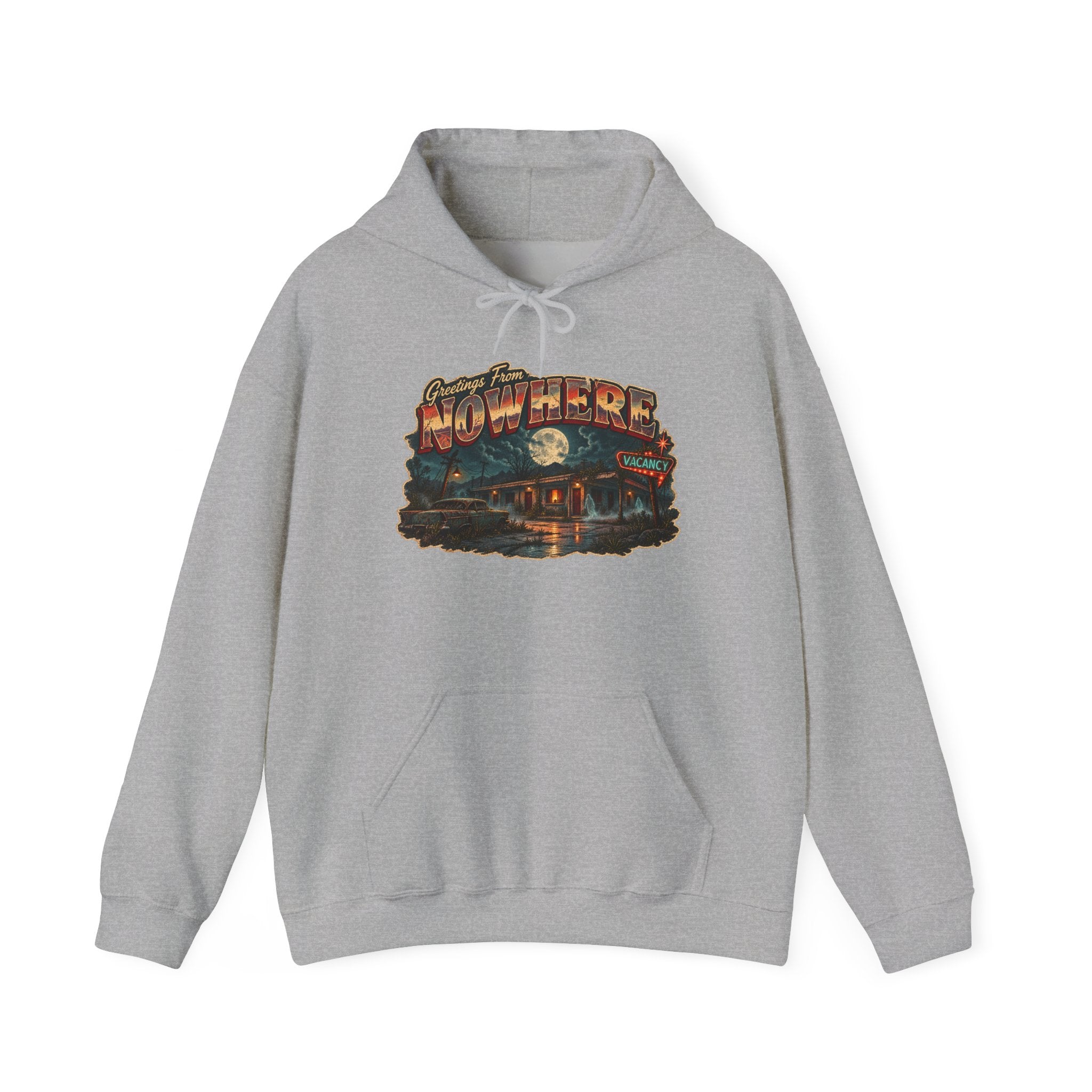 Nowhere Vintage Landscape Hoodie – Retro Moonlit Road Graphic Hooded Sweatshirt