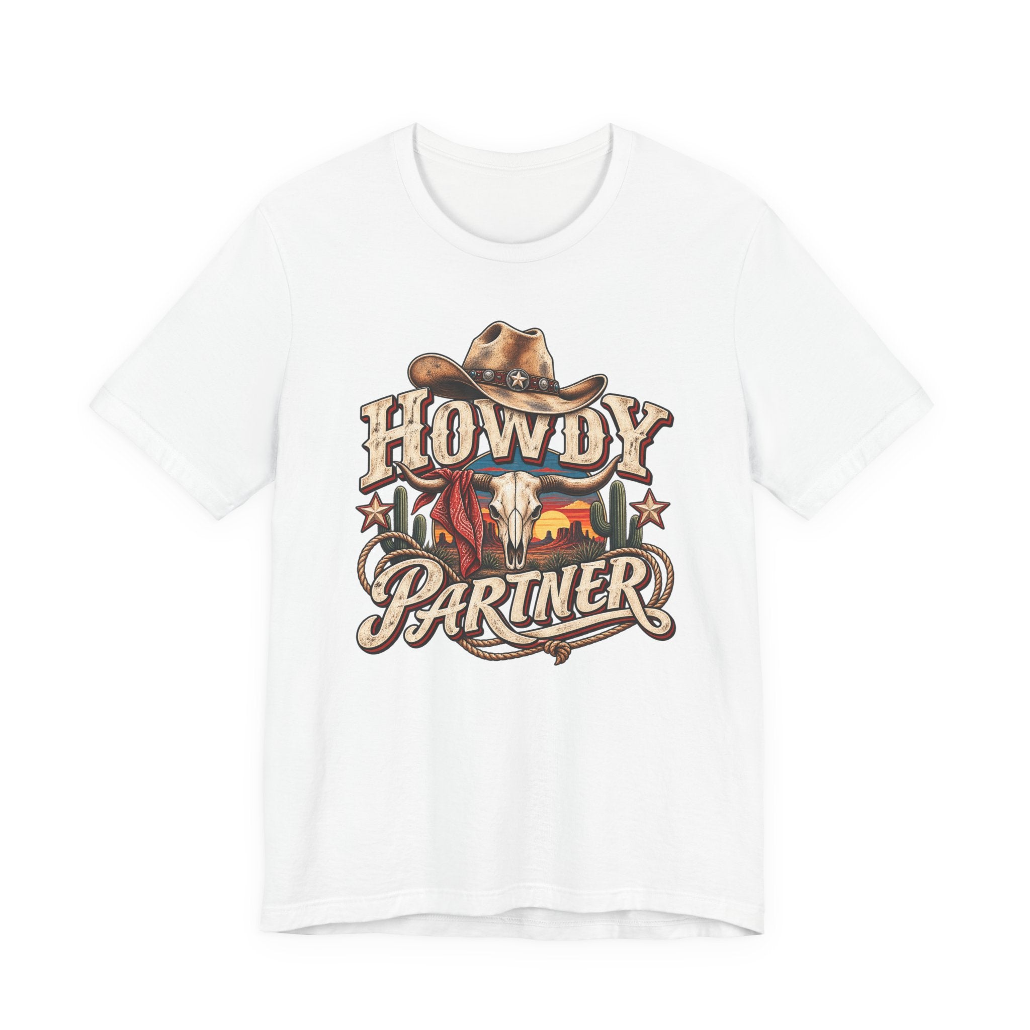 Howdy Partner Cowboy T‑Shirt - Western Skull & Sunset Graphic Tee