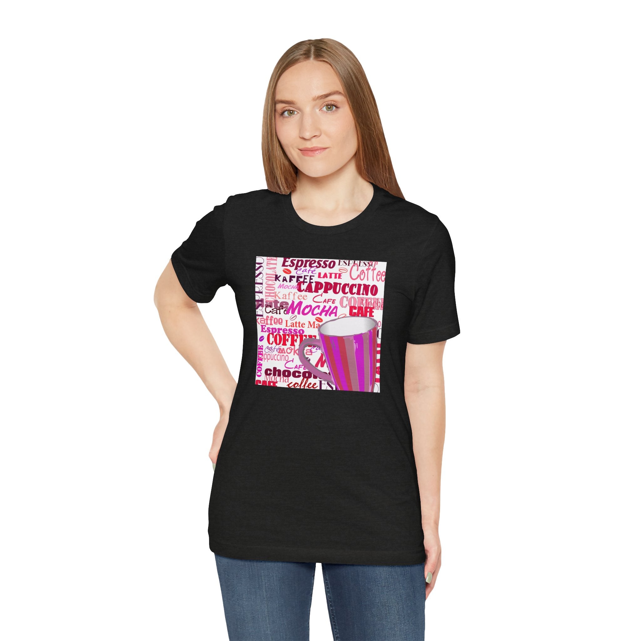 Coffee Words Graphic Tee — Pink Latte Mocha Cup Shirt
