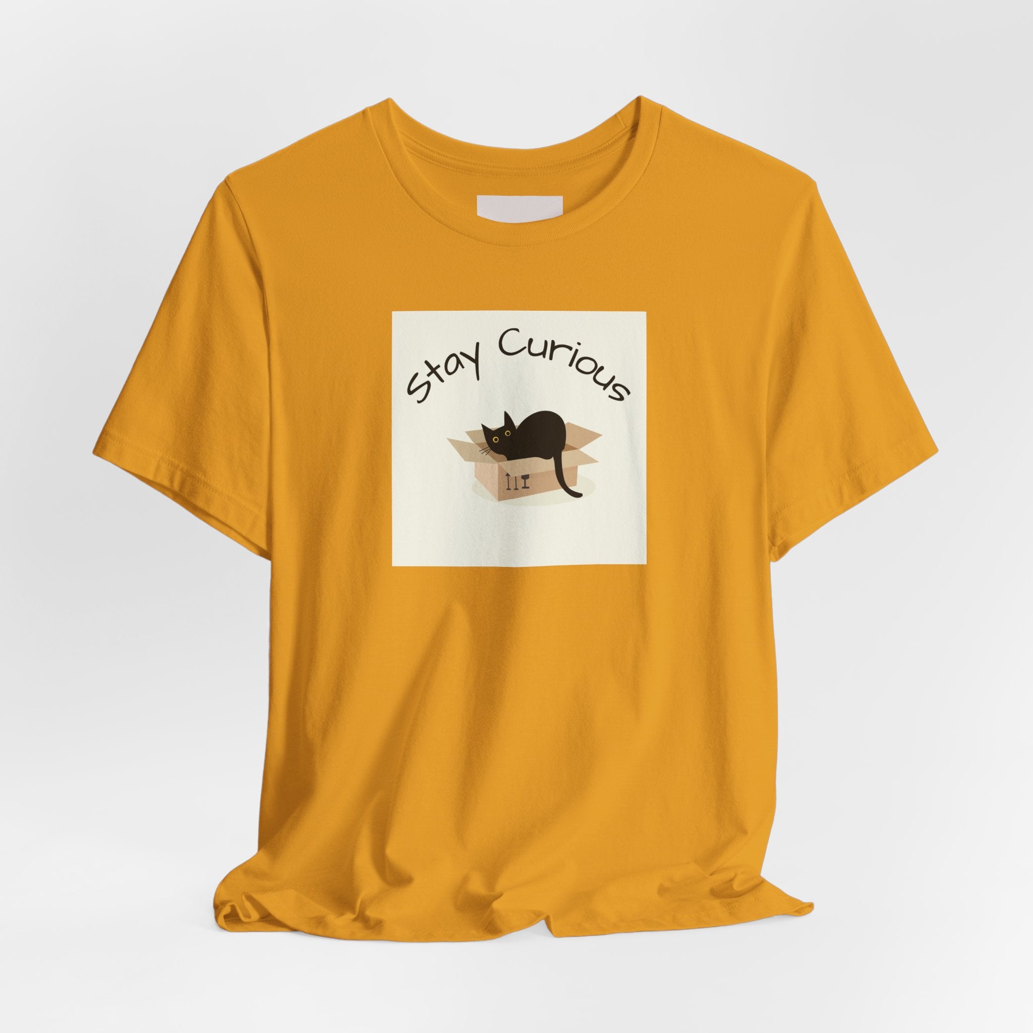 Stay Curious Cat T-Shirt — Cute Black Cat in Box Graphic Tee