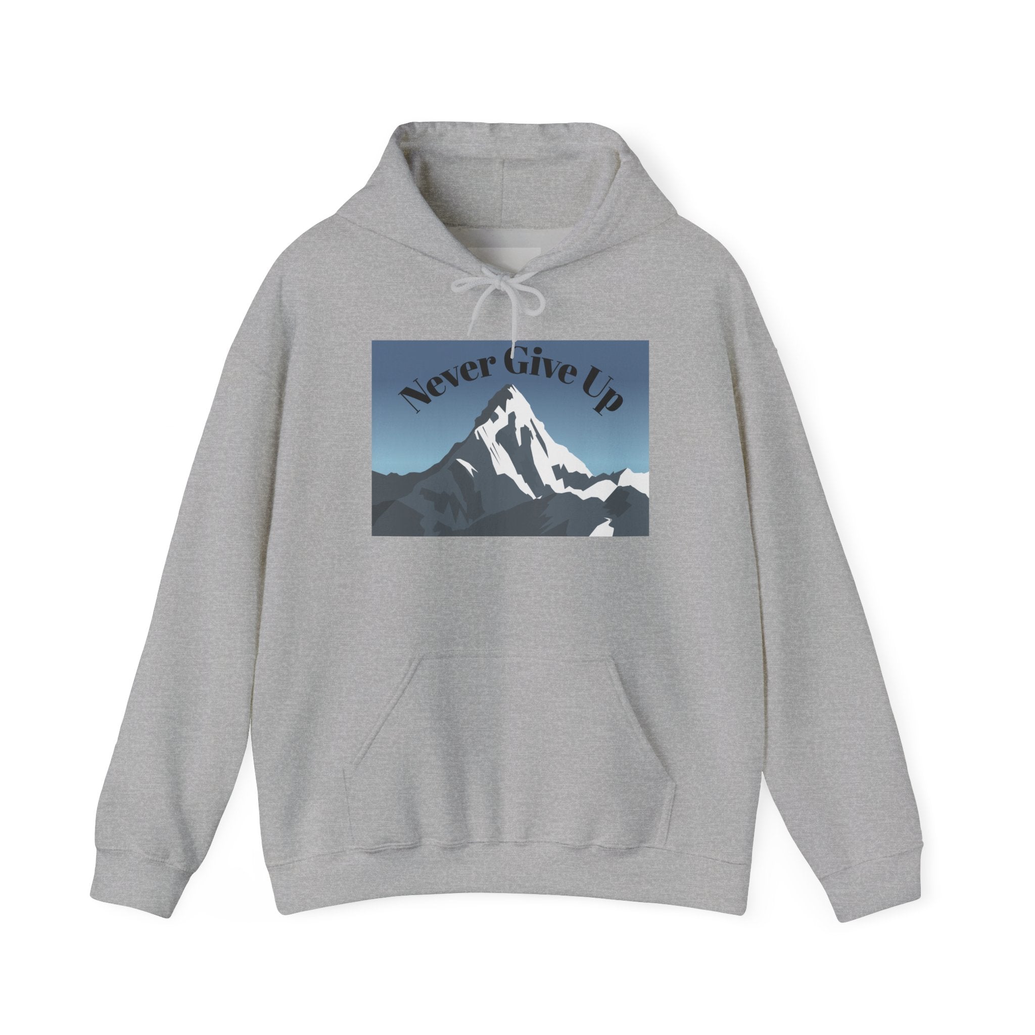 Motivational Mountain Hoodie - "Never Give Up" Inspirational Graphic Hoodie