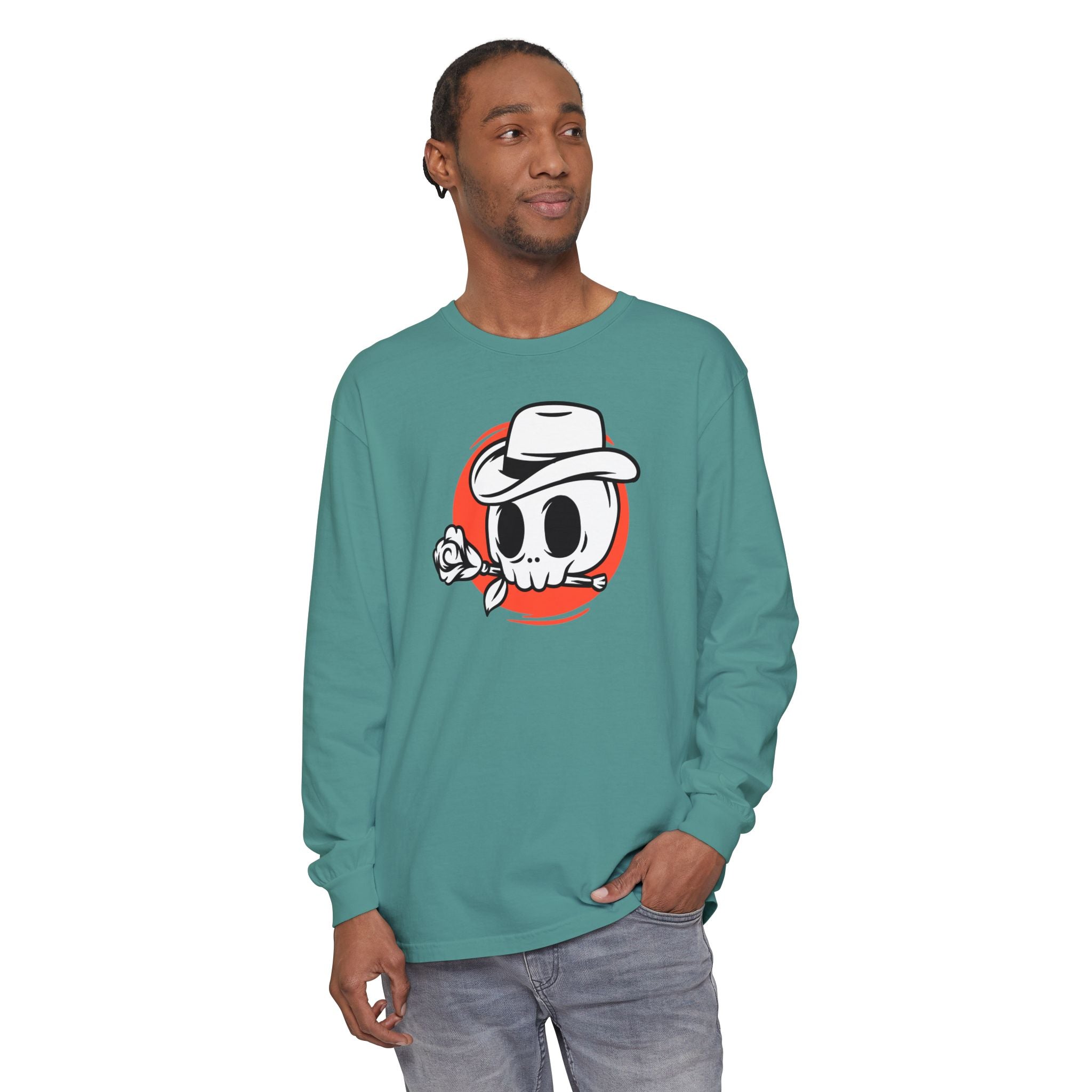 Skull Cowboy Long Sleeve Tee – Retro Rose Graphic