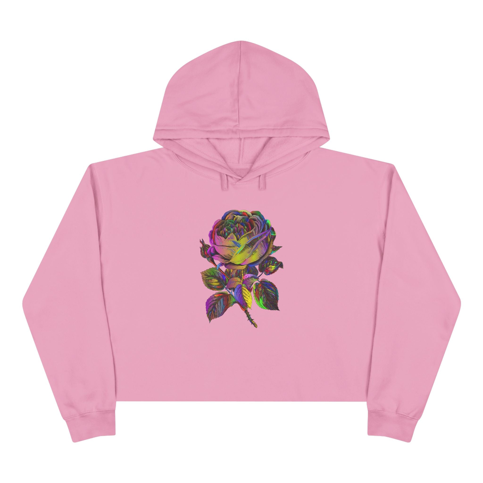 Iridescent Rose Crop Hoodie — Holographic Floral Graphic Cropped Sweatshirt