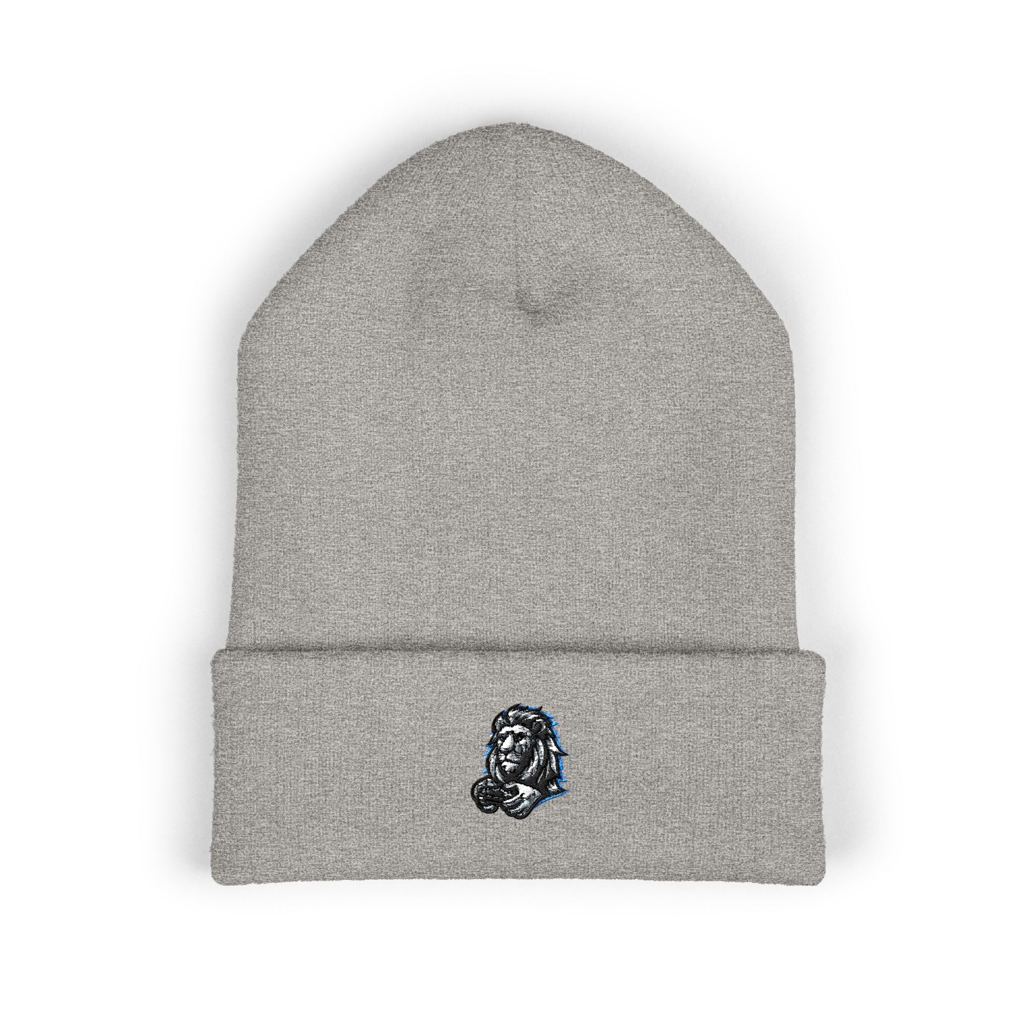 Embroidered Lion Cuffed Beanie — Classic Winter Knit Hat