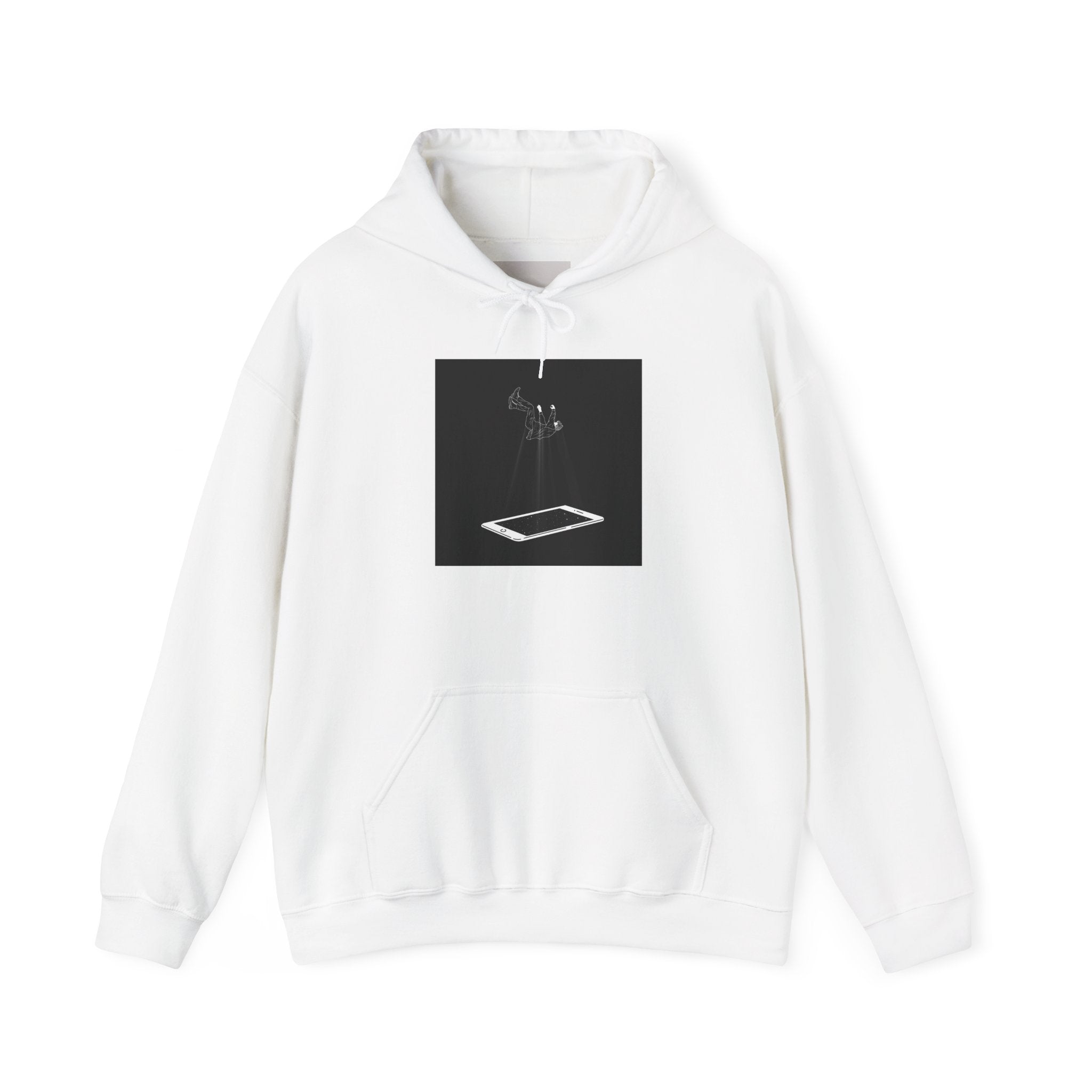 Minimalist Floating Phone Hoodie — Moody Black & White Tech Art Sweatshirt